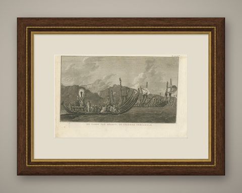 Antique Print of the Fleet of Proas of Tahiti by Cook, 1803, shown framed
