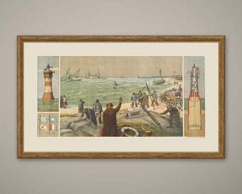 Large Lighthouse Rescue Schoolplate, Josef Klemm Chromolithograph, c.1900, shown framed