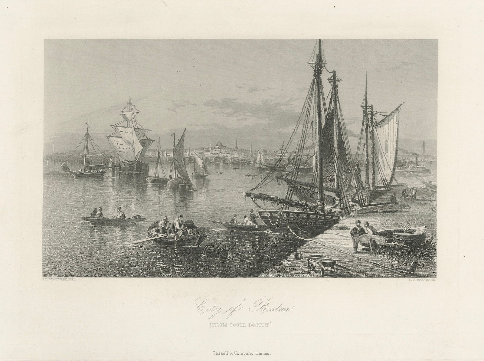 City of Boston, Harbor View from South Boston, Antique Maritime Engraving, 1870
