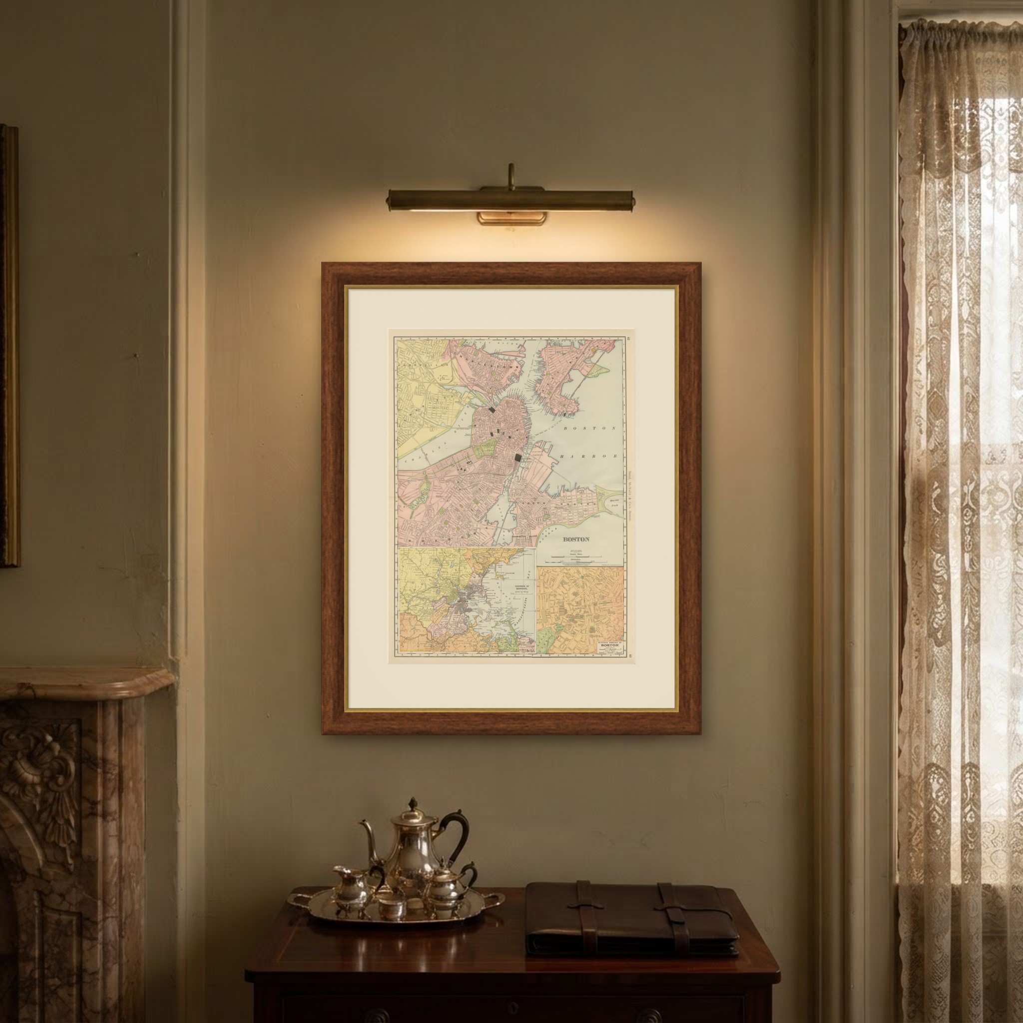 Antique Map of Boston, with Harbor and Environs Inset, Rand McNally, 1899, shown framed on a wall