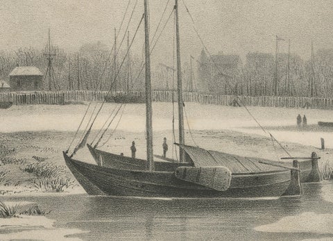 Amsterdam View with Ships and Ice Skaters, Vue d’Amsterdam, circa 1850, close-up 3