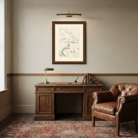 Old Sea Charts of Tourane Bay & the Con Dao Islands 'Pulo Condor', Vietnam, 1780, shown framed in a room