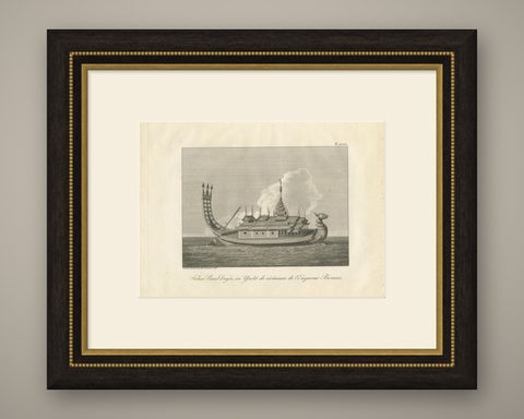 Antique Print of a Ceremonial Yacht of the Burmese Emperor by Symes, '1800', shown framed