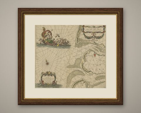 Original Antique Sea Chart of the Maas 'or Meuse' River with Neptunes, 1684, shown framed