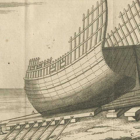 Antique Print of a Ship Launching by Pluche '1735', close-up 2