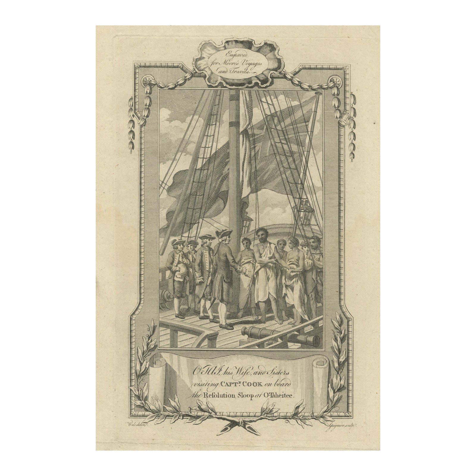 1778 Engraving: Captain Cook's Second Voyage, Meeting the Tahitians