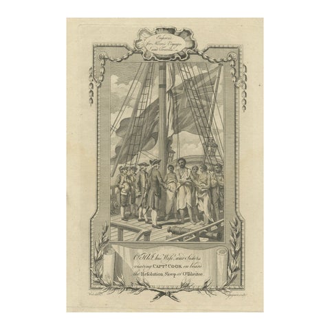 1778 Engraving: Captain Cook's Second Voyage, Meeting the Tahitians