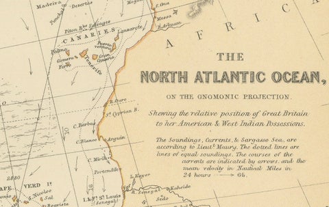 1882 Map of the North Atlantic Ocean Showing Cable Tracks and Trade Winds, close-up 5