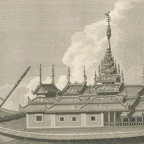 Antique Print of a Ceremonial Yacht of the Burmese Emperor by Symes, '1800', close-up 2