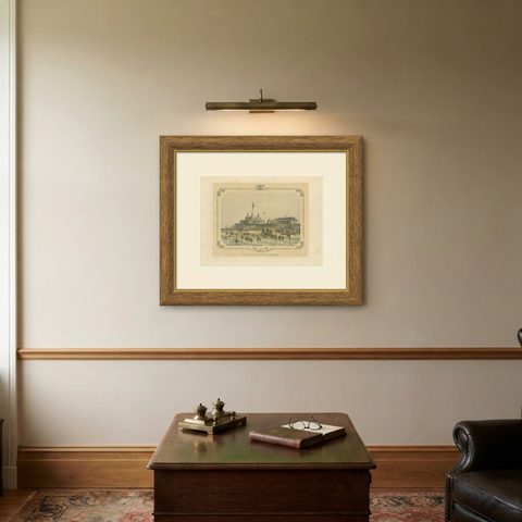 Antique Print of the Lighthouse and Surroundings of Oostende by Buffa, c.1852, shown framed on a wall