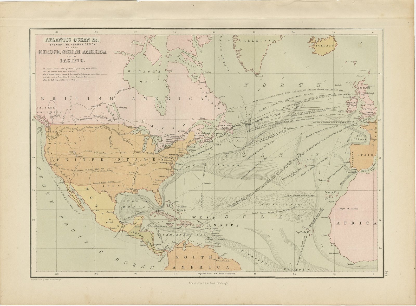 Antique Chart of the Atlantic Ocean, Europe to North America Route, 1870