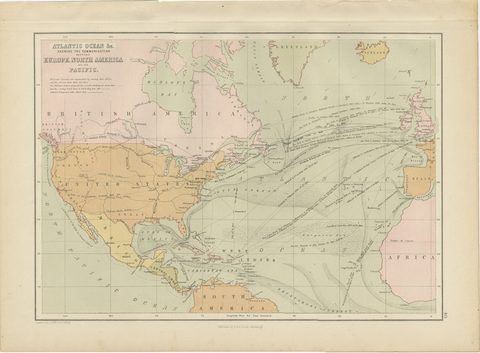 Antique Chart of the Atlantic Ocean, Europe to North America Route, 1870