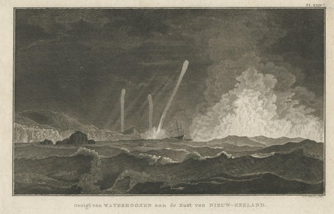 Antique Print of Three Whirlwinds and a Ship off the Coast of New Zealand, 1803, close-up 1