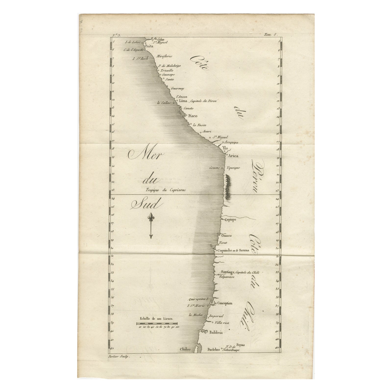Antique Map of the Coast of Peru and Chile, Detailing Ports & Coastlines, c1760