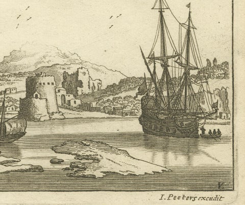 View of Fanar in the Aegean Archipelago with Bridge and Ships, ca. 1680, close-up 2