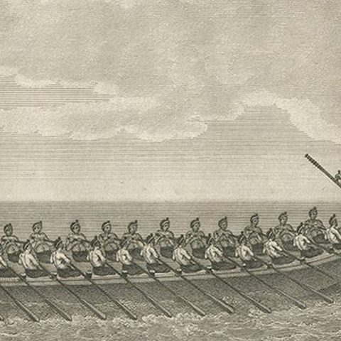 Antique Print of a Burmese War Boat by Symes '1800', close-up 2