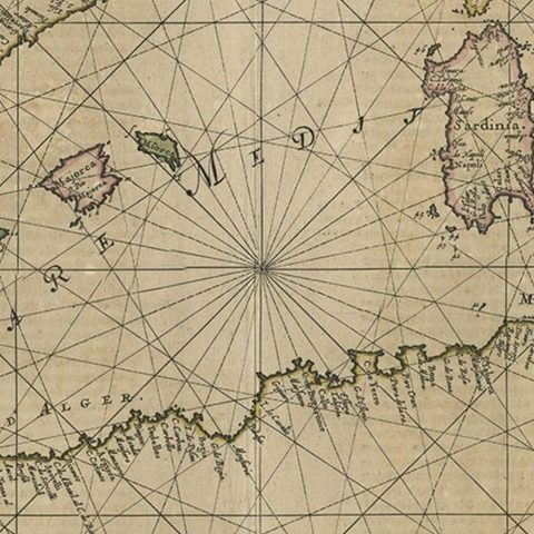 Original Antique Engraving of a Sea Chart of the Western Mediterranean, ca.1650, close-up 2