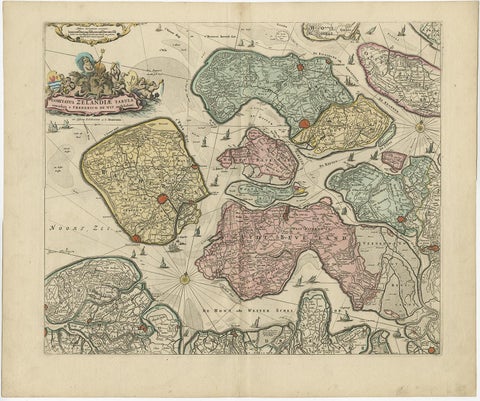Decorative Antique Sea Chart of Zeeland, a Province of the Netherlands, ca.1730, view 2