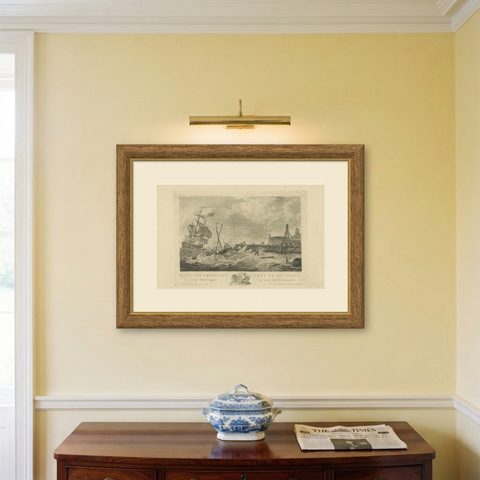Antique Print of the Coast of Harlingen, Harbour in Friesland, circa 1780, shown framed on a wall