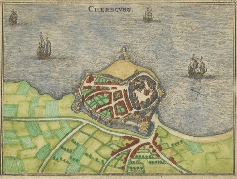 Cherbourg, Antique Hand-Coloured French Coastal Town Engraving (1666), close-up 3