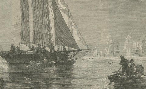 19th-Century Maritime Engraving, Fishing Boats and Rowers at Sea, close-up 1
