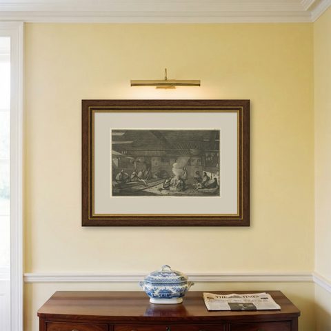 Interior of a Nootka House, Vancouver Island, Cook Voyage Engraving c.1795, shown framed on a wall