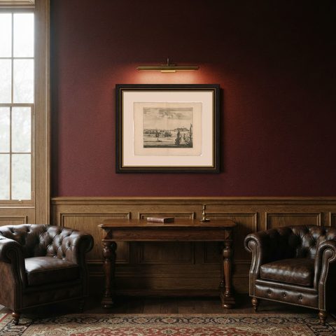 Rare View of Olinda Pernambuco Brazil and Dutch Fleet, 1671, shown framed in a room