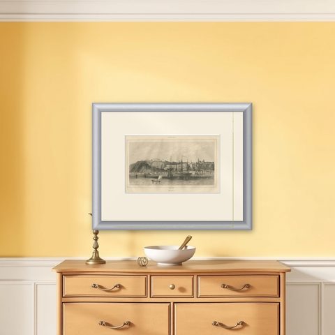 Antique View of Quebec City from the Water, Canadian Harbour Scene, c.1850, shown framed on a wall