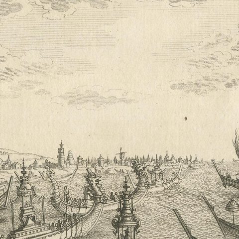 Antique Print of Siam and Various Vessels by Van Schley 'c.1750', close-up 2