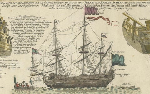 Detailed 1730 Maritime Warship Print with Tools, Rigging, and Ship Cross-Section, close-up 6