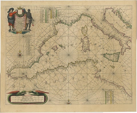 Original Antique Engraving of a Sea Chart of the Western Mediterranean, ca.1650, view 2