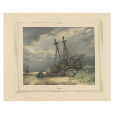 1835 Hand-Colored Lithograph: Stranded Ship in Winter Landscape