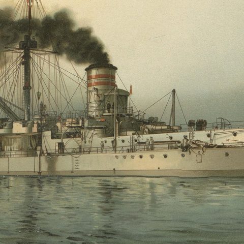 SMS Württemberg: German Coastal Defense Ship in Chromolithograph by Hugo Graf, close-up 5