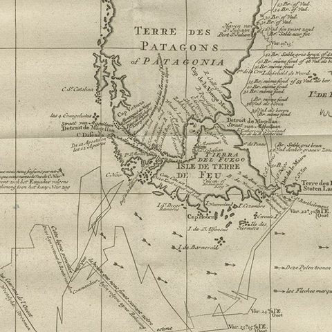 Antique Map of Tracks of Anson's Ships around South America & Cape Horn, 1749, close-up 1