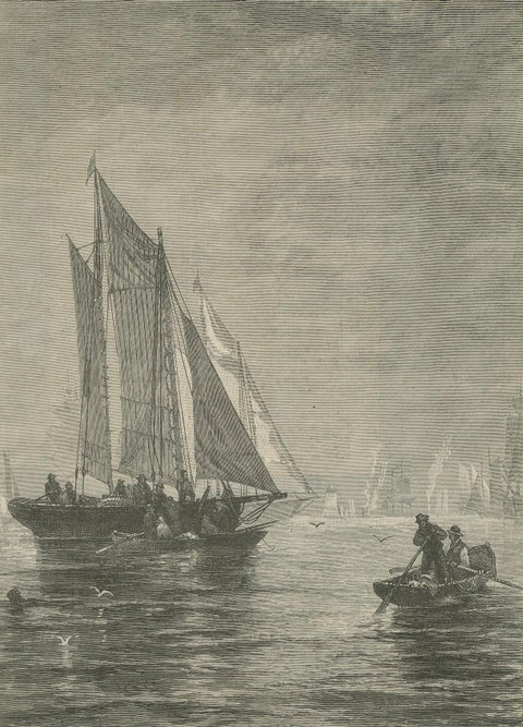 19th-Century Maritime Engraving, Fishing Boats and Rowers at Sea, close-up 2