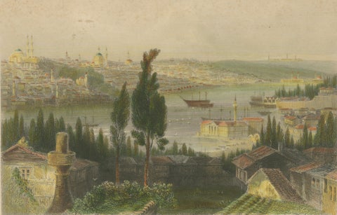 Bosporus Harbor View from Pera, Istanbul Arsenal, Antique Bartlett, c.1839, close-up 2