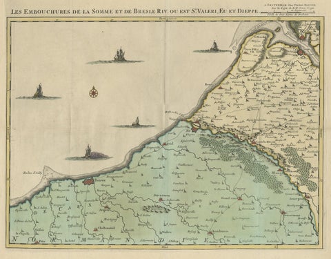 Beautiful Antique Map of the French Coast, from St. Valeri to Dieppe, 1720, close-up 1