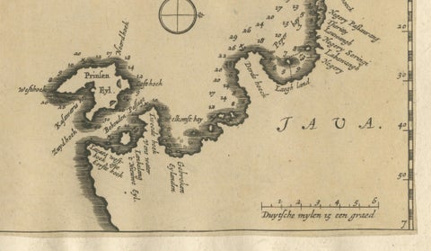 Sunda Strait Sea Chart, Sumatra and Java, Dutch Engraving c.1700, close-up 2