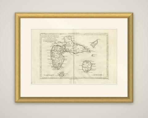 Antique Map Guadeloupe & Marie Galante, Rigobert Bonne Caribbean Chart c1780, shown framed