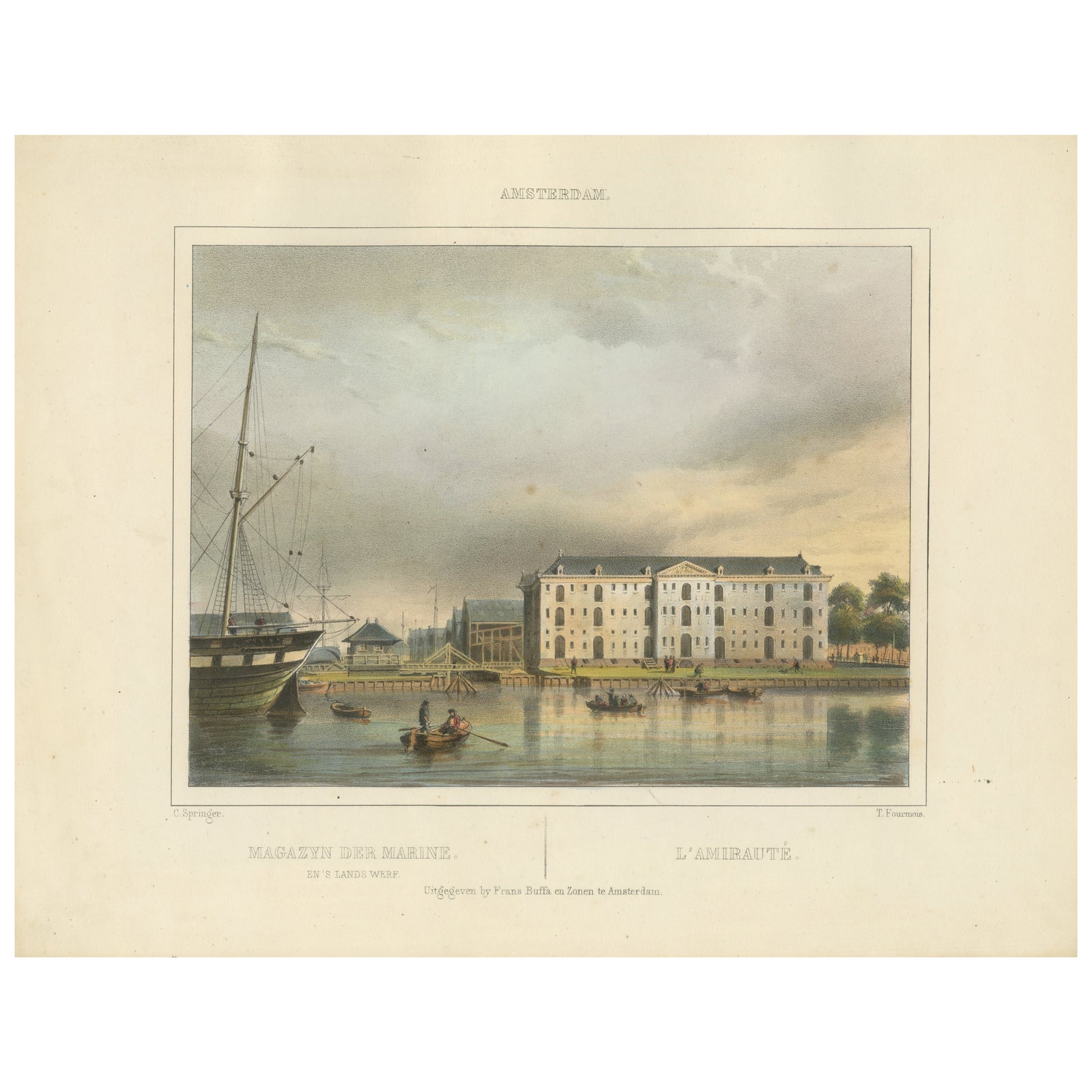 Antique View of Amsterdam Naval Arsenal, Hand-Colored Lithograph c.1850