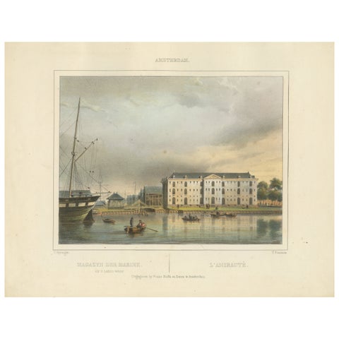 Antique View of Amsterdam Naval Arsenal, Hand-Colored Lithograph c.1850