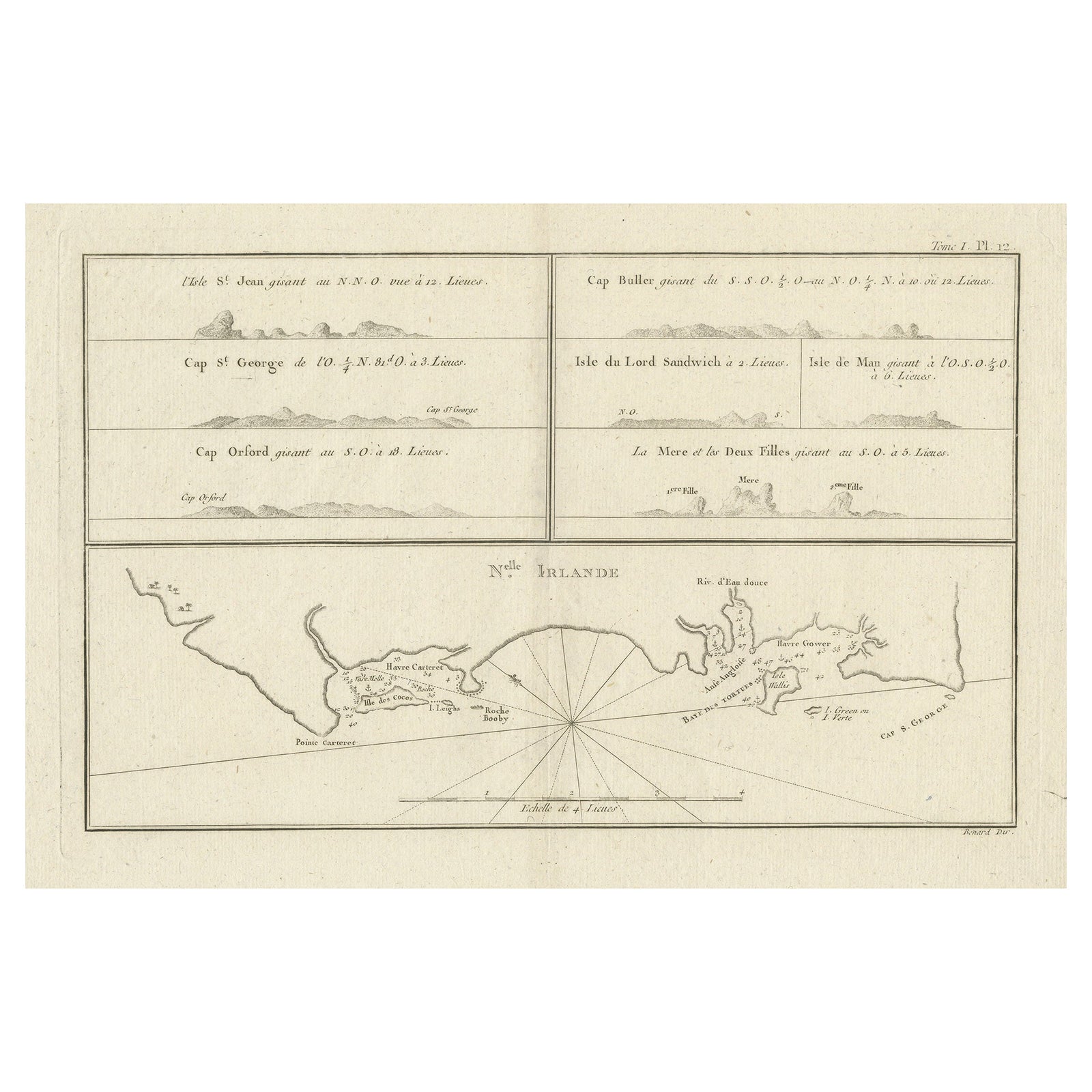 Antique Map of New Ireland (Pacific) with Coastal Profiles, Cook Voyages, 1774