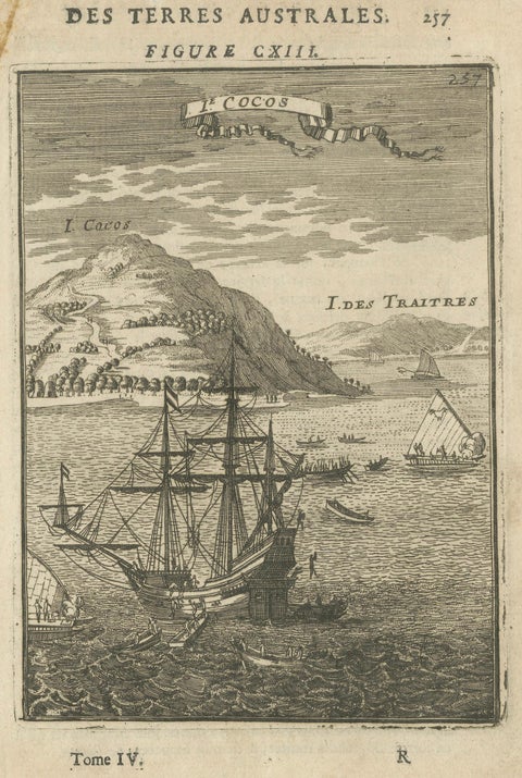 Antique Engraving Cocos Island, Maritime Scene, Manesson Mallet, 1683, close-up 1