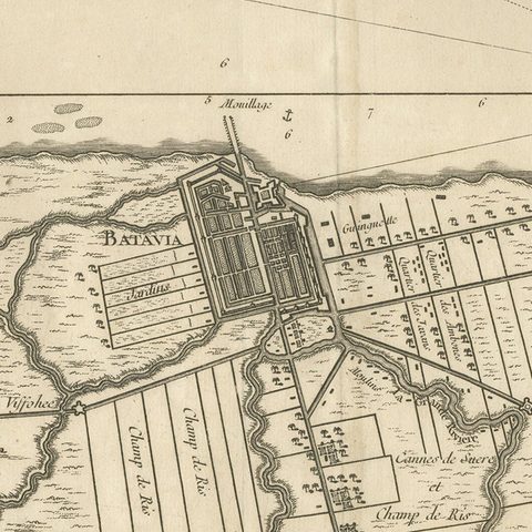 Old Engraving of Batavia 'Jakarta, Indonesia' with Map and Harbour View, 1750, close-up 2