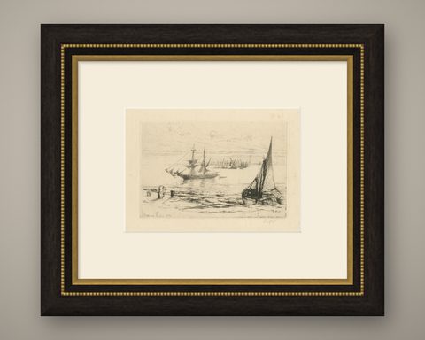 A Brig at Anchor, Thames, Haden, 1870, British Etching Revival, shown framed