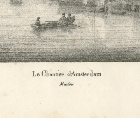 Amsterdam Maritime Shipyard View by Schelfhout, 19th Century Lithograph, close-up 1