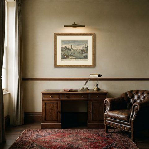Lisbon Harbour View, Optical Print of Port and Tagus River c.1780, shown framed in a room