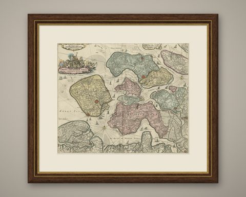 Decorative Antique Sea Chart of Zeeland, a Province of the Netherlands, ca.1730, shown framed