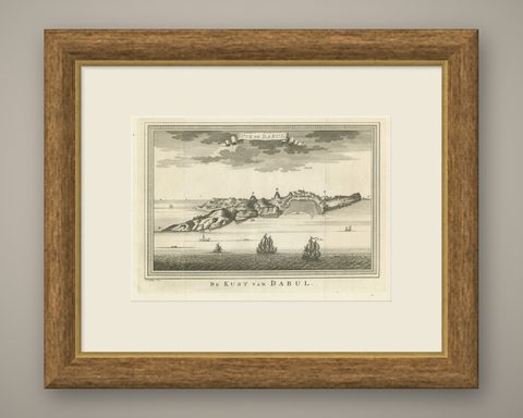 Original Antique Print of the Coast of Dabhol, Dabul, India, shown framed