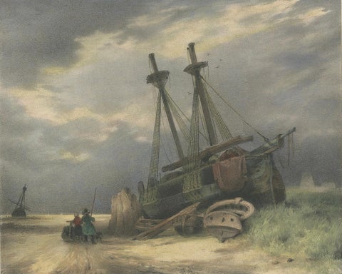 1835 Hand-Colored Lithograph: Stranded Ship in Winter Landscape, close-up 3